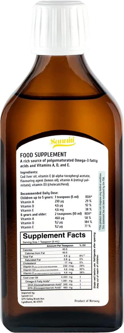 Sanniti 100% Natural Cod Liver Oil, 1081 mg Total Omega-3 Fatty Acids, Wild Caught Nordic, 250 mL (8.4 oz) (Lemon)