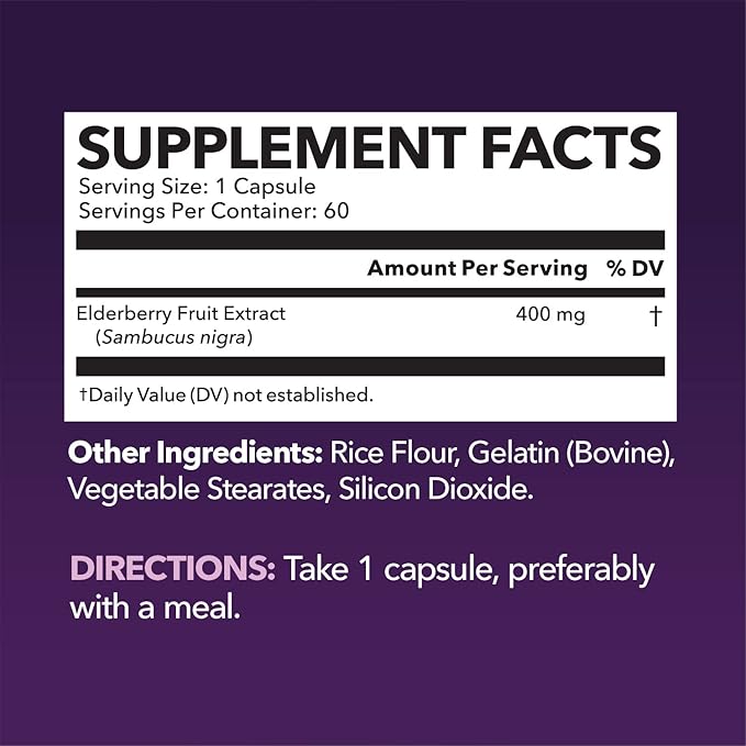 Sambucus Black Elderberry Capsules - Immune Support Supplement for Adults - 400mg of Extract Per Serving for Overall Wellness - Vegetarian-Friendly, Non-GMO, Unflavored - 60 Count, 2 Month Supply