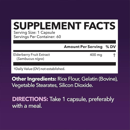 Sambucus Black Elderberry Capsules - Immune Support Supplement for Adults - 400mg of Extract Per Serving for Overall Wellness - Vegetarian-Friendly, Non-GMO, Unflavored - 60 Count, 2 Month Supply