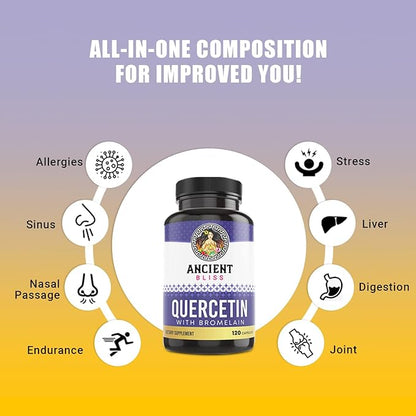 Ancient Bliss Quercetin with Bromelain | Quercetin 1000mg Bromelain 200mg per Serving | Supports Immune System, Joint Health, Respiratory Health & Overall Well-Being – 120 Capsules
