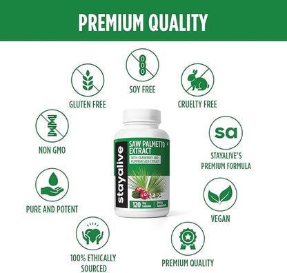STAY ALIVE Saw Palmetto Extract Capsules w/Cranberry & Pumpkin Seed Oil, 120 Vegan Pills for Hair, U.T & Prostate, Pure Saw Palmetto for Men and Women, Non-GMO, Gluten Free Pumpkin Seed Supplement