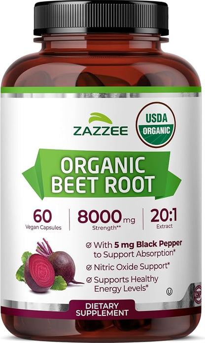 Zazzee USDA Organic Beet Root 8000 mg Strength 20:1 Extract, 60 Vegan Quick Release Capsules, Black Pepper Extract for Enhanced Absorption, Supports Nitric Oxide Production, Non-GMO, Made in The USA