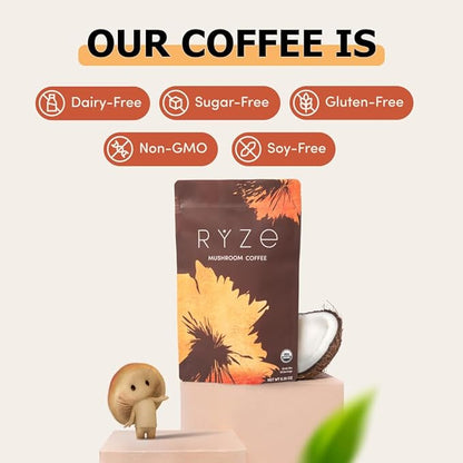 RYZE SUPERFOODS Mushroom Coffee Starter Kit, USDA Organic Instant Coffee with 6 Adaptogenic Mushrooms and MCT Oil for Better Energy, Focus, Digestion, Immunity with Lions Mane & Turkey Tail 60 serving