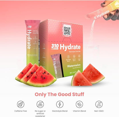 310 Hydrate Watermelon Electrolytes Powder Packets - No Sugar Hydration Packets with Key Vitamins & Minerals - Keto Friendly - Tasty Sugar Free Electrolyte Drink - 30 Single Servings