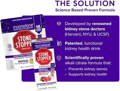 Stone Stopper Drink Mix, Cranberry Raspberry, Kidney Stone Prevention, Calcium Oxalate Protector, Developed by Urologists to Improve Hydration and Support Kidney Health, 15 Day Supply