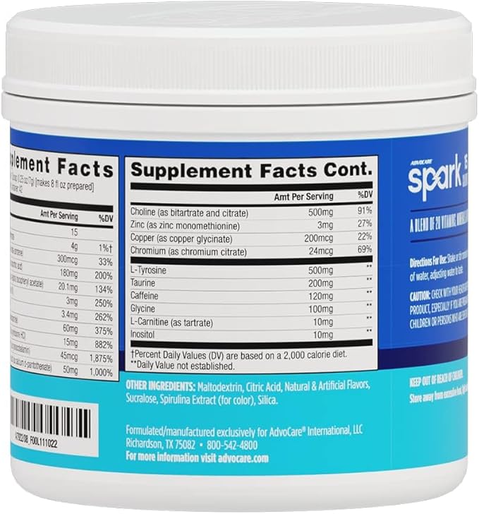 AdvoCare Spark Vitamin & Amino Acid Supplement - Focus & Energy Drink Powder Mix with Vitamin A, B-6, C & E - Also Includes L-Carnitine & L-Tyrosine - Blue Raspberry - 10.5 oz
