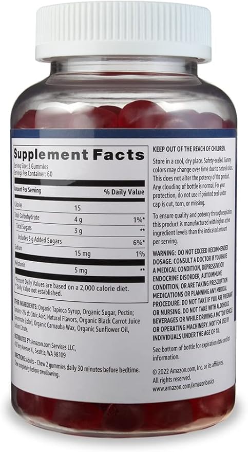 Amazon Basics Melatonin 5mg, 120 Gummies (2 per Serving), Strawberry (Previously Solimo) (Pack of 2)