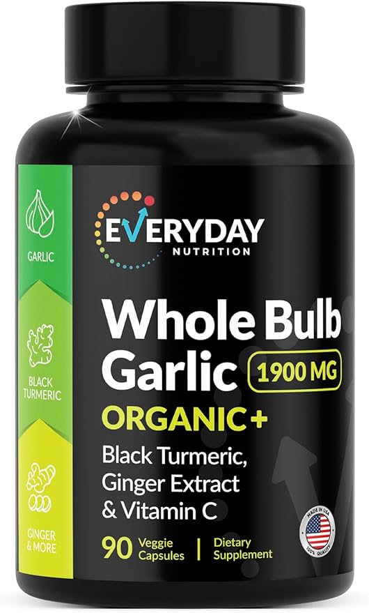 4-in-1 Organic Odorless Garlic with Black Turmeric Supplements, 1900 mg Organic Whole Bulb Garlic, Turmeric, Ginger Extract & Vitamin C (90 ct)
