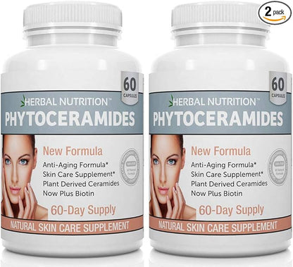Phytoceramides Rice Based with Biotin Anti Aging Supplement, Wrinkle Remover and Facial Moisturizing with Phytoceramides Vitamin A, C, D and E, Two Bottle Pack, 120 Capsules 40mg, Gluten Free