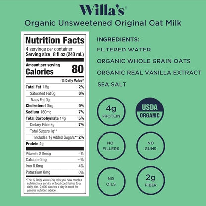 Willa's Organic Oat Milk - Unsweetened Original Oatmilk, Non-GMO, Shelf Stable, Low Sugar, Non-Dairy Milk, Made from Whole Grain Oats, No Oil, No Gums, 32 Oz - Pack of 1