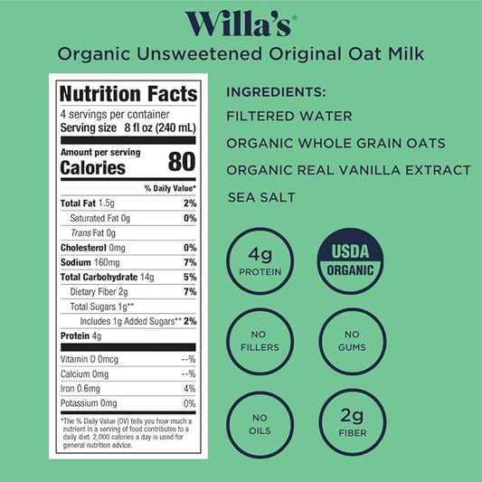 Willa's Organic Oat Milk - Unsweetened Original Oatmilk, Non-GMO, Shelf Stable, Low Sugar, Non-Dairy Milk, Made from Whole Grain Oats, No Oil, No Gums, 32 Oz - Pack of 1