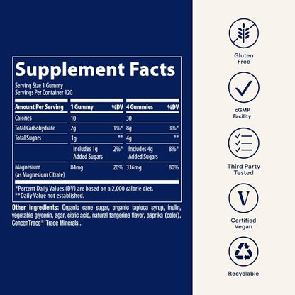 Trace Minerals Magnesium 84mg - Chewable Magnesium Supplement for Bone & Heart Health Support - Immune System Support - Aids Relaxation & Healthy Sleep - Tangerine, 120 Gummies (120 Servings)