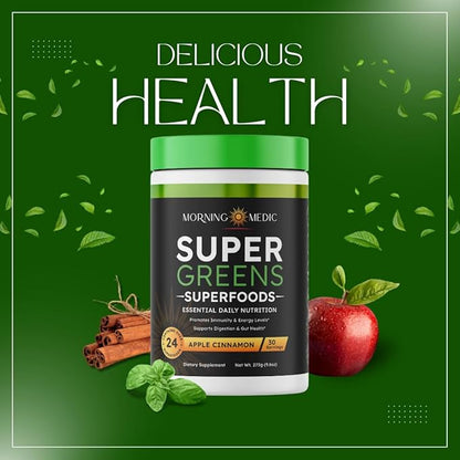 Super Greens Powder with 24+ Superfoods, Premium Nutrient-Dense Blend, Promotes Immunity & Energry Levels, Supports Disgestion & Gut Health, Apple Cinnamon Flavor, 9.6 oz