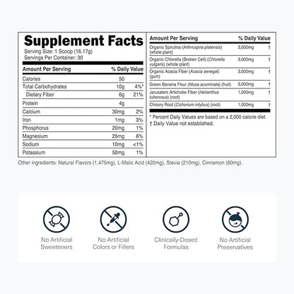 Transparent Labs Prebiotic Greens - Superfood Powder & Antioxidants Supplement with Organic Spirulina, Chloerra, Acacia, & Green Banana Powder - 30 Servings, Unflavored