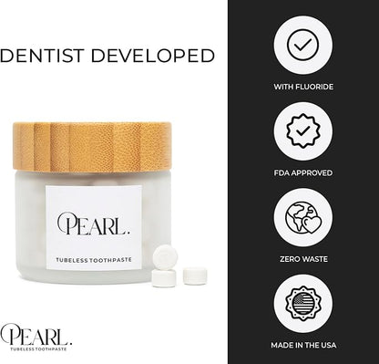 Pearl Fluoride Mint Toothpaste Tablets | Natural Whitening | Sensitivity Relief | Dentist Developed | TSA Approved | Plastic-Free | Reusable Packaging | 186 Tablets | 3 Refill Pouches