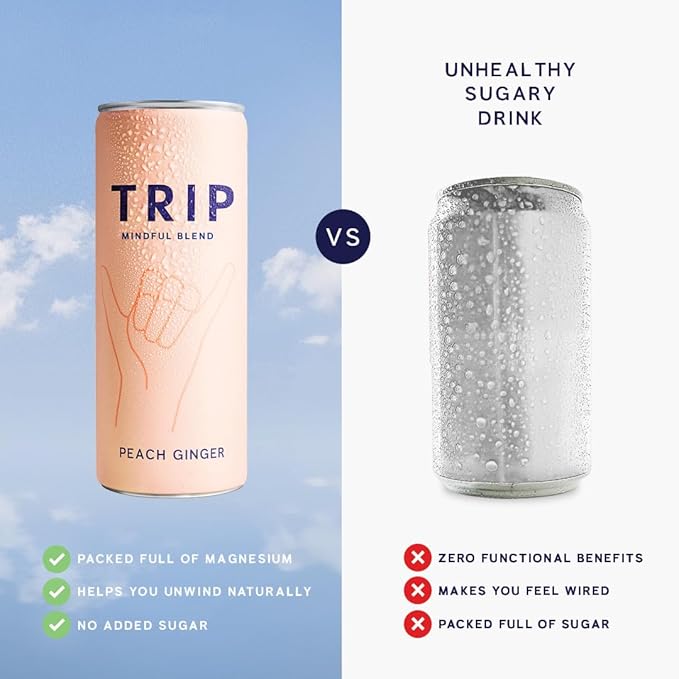 Trip Mindful Blend, Lightly Sparkling Adaptogen Seltzer, Mocktail w/ 120mg Magnesium Citrate with Ashwagandha, Lions Mane & L Theanine, No Added Sugar, Vegan, Peach Ginger, 12 Oz, 12Pk