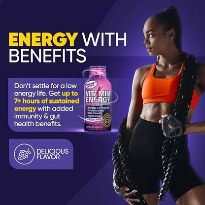 Vitamin Energy Immune+ Extra Strength Energy Shot Grape 48 Pack, 260mg Natural Caffeine, B-Vitamins, Citicoline, Green Tea, Immunity & Focus Support, Zero Sugar, Gluten-Free 1.93 fl oz