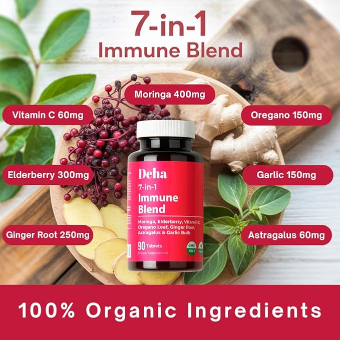 7-in-1 Immune Support Supplement Tablets Moringa Vitamin C Elderberry with Oregano Leaf, Ginger Root, Astragalus & Garlic Bulb Herbal Wellness - GMP Certified - Organic, Non-GMO, Vegan - 90 Count