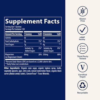 Trace Minerals Magnesium 84mg - Chewable Magnesium Supplement for Bone & Heart Health Support - Immune System Support - Aids Relaxation & Healthy Sleep - Watermelon, 120 Gummies (120 Servings)