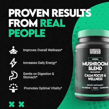 UTOYA Natural Mushroom Blend Supplements - Lions Mane Supplement Capsules with Reishi, Cordyceps, More for Calm, Focus and Wellness - Non-GMO Vegan/Gluten Free Multi Mushroom Supplement - 90 Capsules