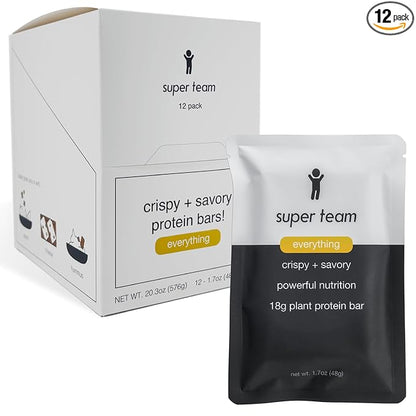 Super Team Savory + Crispy Protein Bars - Everything Bagel - 12-Count Snack Bars - High Protein (18g), High Fiber (7g), Low Sugar (1g) - Gluten Free, Nut Free, Soy Free, Vegan Plant Based Meal Replacement