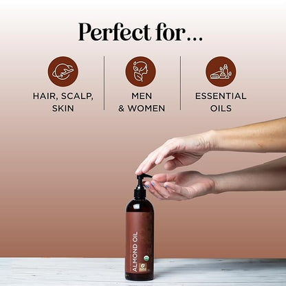 USDA Organic Sweet Almond Oil - Pure Cold Pressed Organic Almond Oil for Skin Hair and Nails - Moisturizing Organic Body Oil for Women and Men plus Carrier Oil for Essential Oils Mixing 16oz