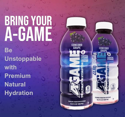A-GAME Sports Drink, Concord Grape, The Ultimate Hydration Sports Beverage for Athletes, 8 Essential Vitamins including B, C, & E plus Natural Sea Salt Electrolytes, All Natural Flavors & Sweeteners, Gluten Free, 16 Fl Oz (Pack of 12)
