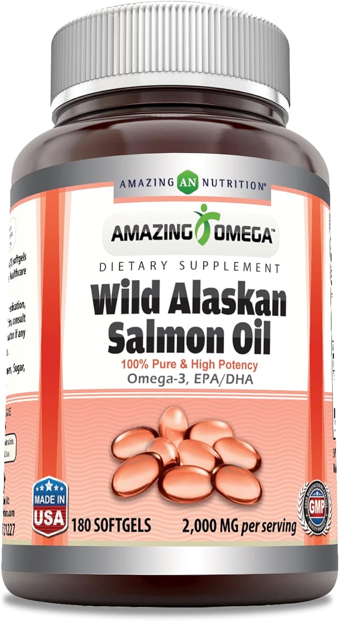 Amazing Omega Wild Alaskan Salmon Oil Supplement | 2000 Mg per Serving | 180 Softgels | Non-GMO | Gluten-Free | Made in USA