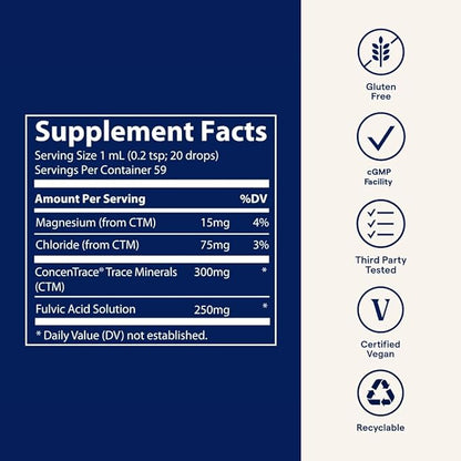 Trace Minerals Ionic Fulvic Acid 250mg - Essential Mineral Supplement to Support Hydration & Energy Production - Aids Muscle Endurance - Liquid Supplement for Healthy Digestion - 2 fl oz (59 Servings)