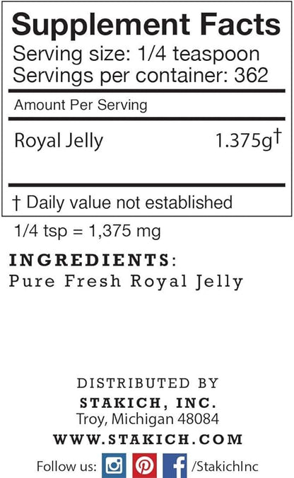Stakich Fresh Royal Jelly - Pure, All Natural - No Additives or Preservatives Added - 16 Ounce (1 Pound)