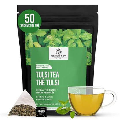 Tulsi Holy Basil Tea Bags 50 Count For Cognitive Balance & Overall Health Ayurvedic Tulsi With Antioxidants Caffeine Free Holy Basil Leaves Pyramid Herbal Tea Bags Support Digestion & Boost Immunity