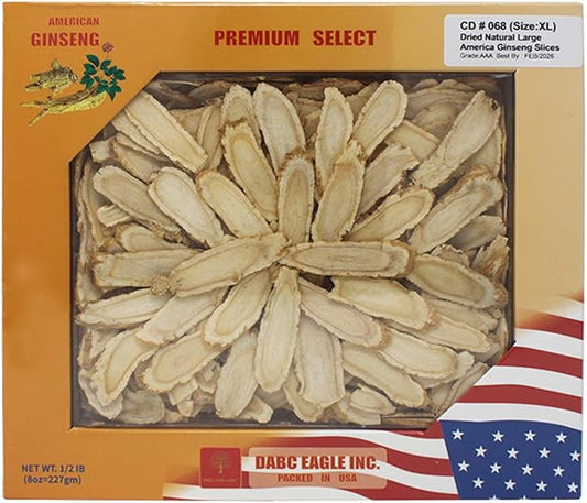 American Ginseng Slices from Wisconsin, DOL American Wisconsin Ginseng Slices Root for Tea, Energy for Men Women Mental Health Boosts Immunity, Gluten Free, Long Strip 1 Box of 8 Ounces