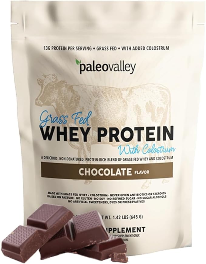 Paleovalley 100% Grassfed Whey Protein Powder with Colostrum, 13g Protein, Chocolate, Muscle Building, Immune Support, Gut Health, 30 Servings