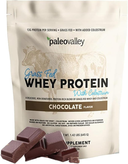 Paleovalley 100% Grassfed Whey Protein Powder with Colostrum, 13g Protein, Chocolate, Muscle Building, Immune Support, Gut Health, 30 Servings