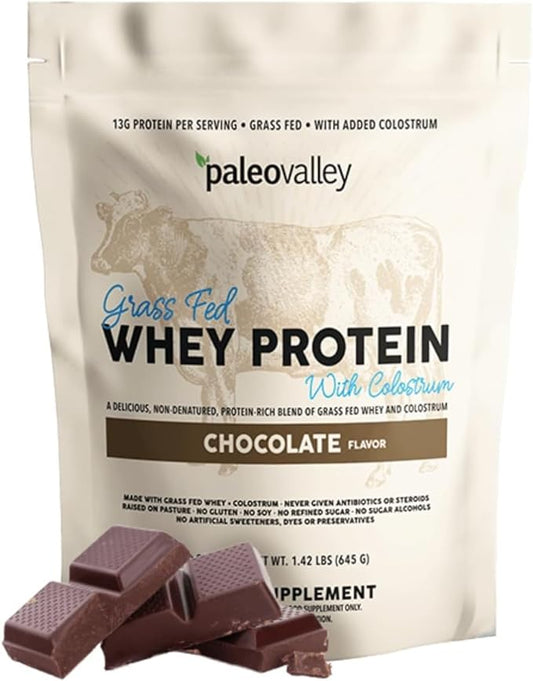 Paleovalley 100% Grassfed Whey Protein Powder with Colostrum, 13g Protein, Chocolate, Muscle Building, Immune Support, Gut Health, 30 Servings