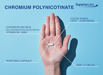 Superior Labs Chromium Polynicotinate 200mcg with Vitamin B3, Non-GMO, High Absorption Niacin-Bound Supplement, Supports Healthy Blood Sugar Levels and Metabolism, 100 Veg Caps, 14-Week Supply
