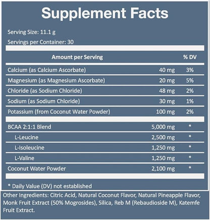 Rookie Wellness Recovery BCAA - Electrolyte and BCAA Powder with 5 g of Branched Chain Amino Acids for Muscle Recovery, Electrolytes for Hydration, & Only 10 Calories (30 Servings, Coconut Pineapple)