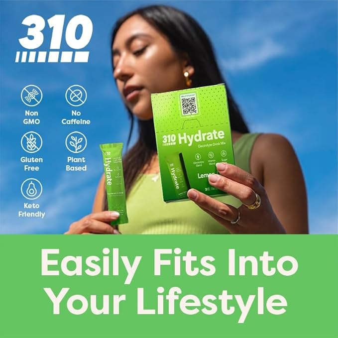 310 Hydrate Electrolyte Powder Packets – Key Vitamins & Minerals – No Sugar – Keto Friendly Hydration Drink – 30 Single Servings, Lemon Lime Flavor