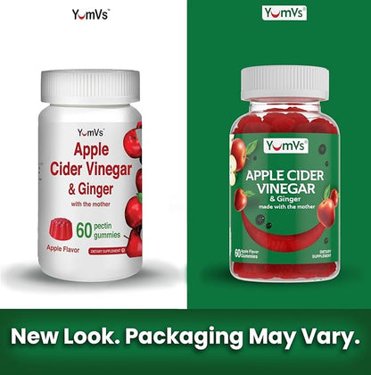 YUM-V'S Apple Cider Vinegar Gummies – ACV Gummies with Ginger & The Mother – Supports Metabolism, Vitality & Daily Wellness – Natural Apple Flavor Vegan, Non-GMO, Gluten-Free, Cider Gummy – 60 Count