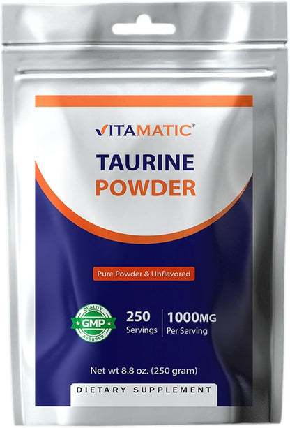 Vitamatic Pure Taurine 1000mg 250 Servings - Non-GMO, Gluten Free