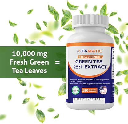 Vitamatic Green Tea Extract with Vitamin C, 25X Concentrate, 98% Polyphenols, 80% Catechins, 50% EGCG, 180 Veg Capsules