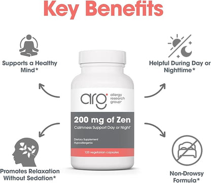 Allergy Research Group 200 mg of Zen - GABA L-Theanine Supplement, Natural Calm, Sleep & Relax Support for Women & Men, Take Day or Night for Relaxation & Calm Energy - 120 Vegetarian Capsules
