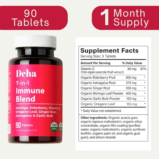 7-in-1 Immune Support Supplement Tablets Moringa Vitamin C Elderberry with Oregano Leaf, Ginger Root, Astragalus & Garlic Bulb Herbal Wellness - GMP Certified - Organic, Non-GMO, Vegan - 90 Count