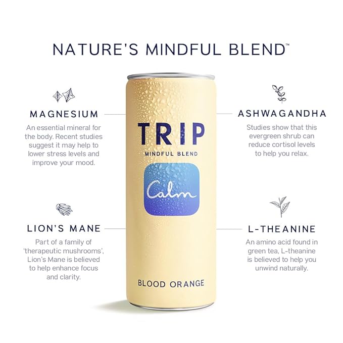 Trip Mindful Blend, Lightly Sparkling Calming Drink, 120 MG Magnesium Citrate with Ashwagandha, Lions Mane & L Theanine, No Added Sugar, Low Calorie, Vegan, Blood Orange, 12 Oz, 12Pk