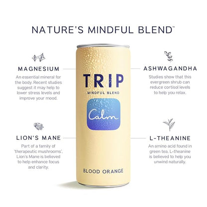 Trip Mindful Blend, Lightly Sparkling Calming Drink, 120 MG Magnesium Citrate with Ashwagandha, Lions Mane & L Theanine, No Added Sugar, Low Calorie, Vegan, Blood Orange, 12 Oz, 12Pk