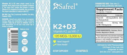 Safrel Vitamin K2 (MK7) 120 MCG and D3 5000 IU Supplement per Capsule, Supports Calcium Absorption for Bone, Immune and Heart Health, Easy to Swallow K2 and D3, Non-GMO, 120 Count