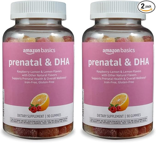 Amazon Basics Prenatal & DHA Gummy, Rasberry & Lemon Flavor, 90 Count (Previously Solimo) (Pack of 2)