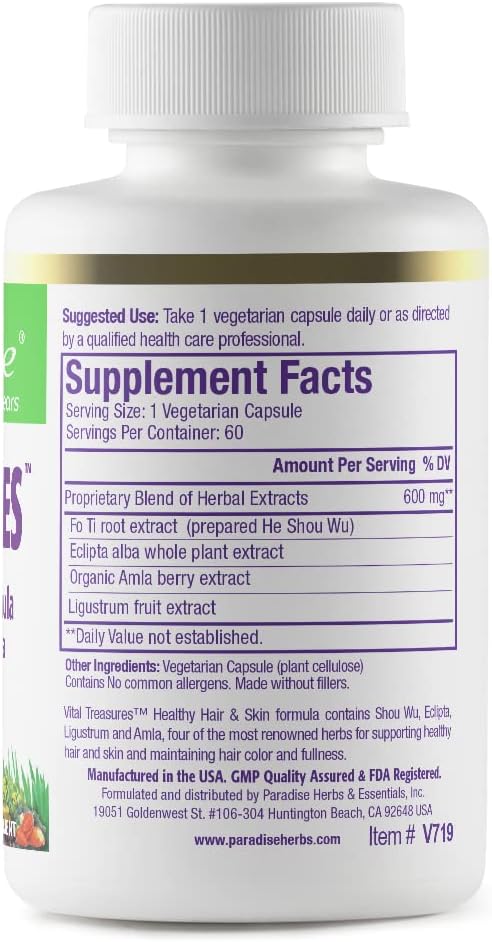 Paradise Herbs Vital Treasures Supplement, Hair Skin & Nails Support, Super Potent, Ultra Pure, Vegan, Non GMO, Gluten Free, 60 Vegetarian Capsules