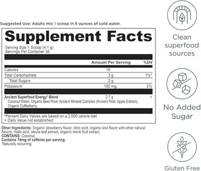 Ancient Nutrition Clean Energy Powder, Strawberry Kiwi, Supports Healthy Energy and Cognitive Health, Promotes Mental Alertness and Focus, 30 Servings
