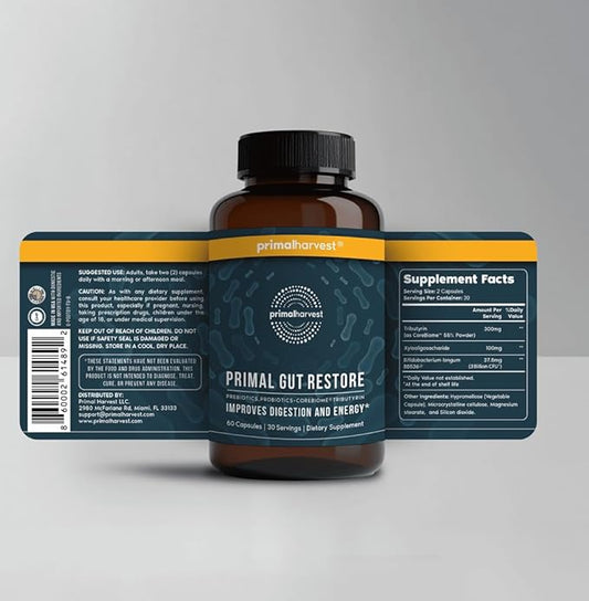 Primal Harvest 2 Pack, Restore for Gut Health, Primal Gut Restore w/POSTbiotics, PREbiotics and PRObiotics for Women and Men, 60 CT - Digestion, Colon Cleanse, Helps Leaky Gut Repair